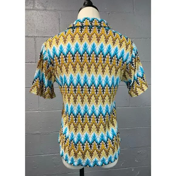Vintage 60s Psychedelic Chevron Novelty Knit Short Sleeve Shirt Lace Up Med - Picture 9 of 10